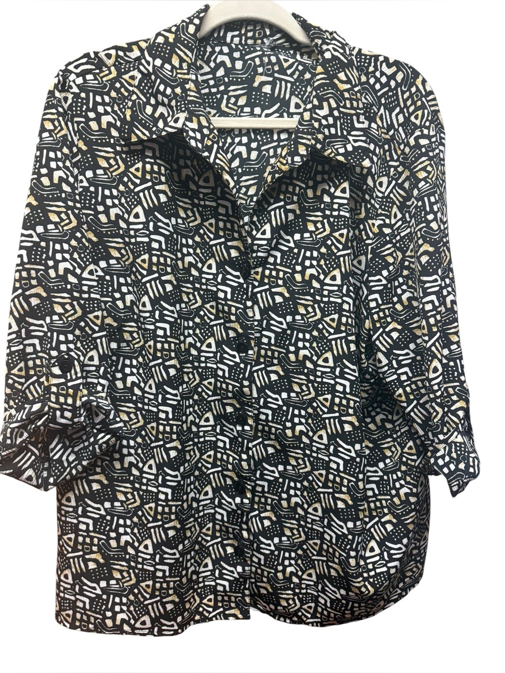 Vintage Indie sleaze abstract Geometric Print Button Down Shirt Black Cream Plus